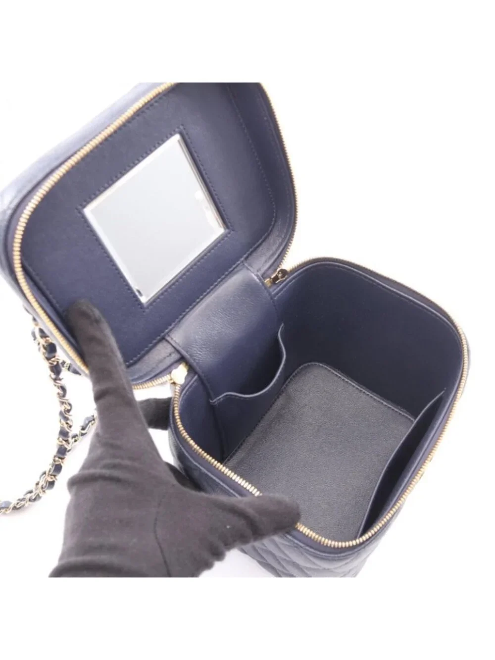 Chanel Shoulder Bag Quilted Vanity 2-Way Navy Caviar Leather Chain